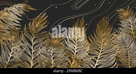 Horizontal background with exotics golden palms leaves. Hand drawn luxury golden tropical leaf on dark background. Vector linear illustration of palm Stock Vector