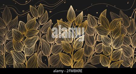 Horizontal background with exotics golden leaves. Hand drawn luxury golden tropical leaf on dark background. Vector linear illustration of leaves. Stock Vector