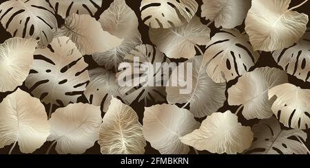 Horizontal background with exotics golden monstera and Philodendron leaves. Hand drawn luxury golden tropical leaf on dark background. Vector linear i Stock Vector