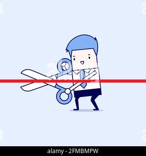 Businessman cutting a red ribbon with scissors. Cartoon character thin line style vector. Stock Vector