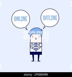 Businessman standing confuse to choose between two option online or offline. Cartoon character thin line style vector. Stock Vector