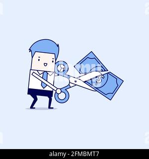 Businessman hands holding scissors and cutting dollar. Cartoon character thin line style vector. Stock Vector