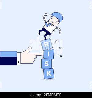 Businessman standing on shaky risk blocks by hand of manager. Cartoon character thin line style vector. Stock Vector