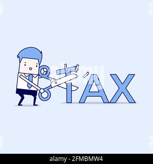 Businessman with scissors cutting big T letter. Reduce Tax Business concept. Cartoon character thin line style vector. Stock Vector