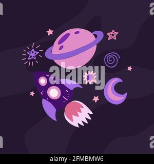 Childrens illustration of a spaceship with a crescent moon, Saturn and stars on dark violet background. Space adventure. Galaxy exploration. Vector ha Stock Vector