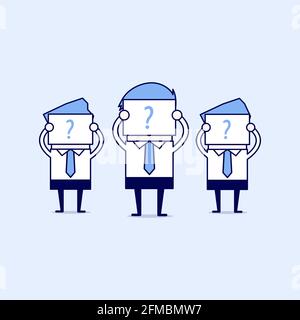 Businessman hold signs with question marks, as yet unable to determine who they are. Cartoon character thin line style vector. Stock Vector