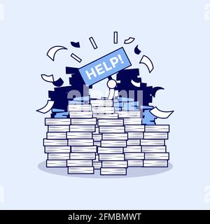 Overworked businessman under a lot of documents and holding a HELP placard. Cartoon character thin line style vector. Stock Vector