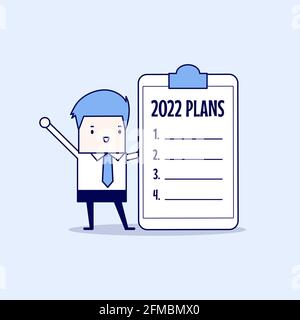 Businessman standing with 2022 plans. Cartoon character thin line style vector. Stock Vector