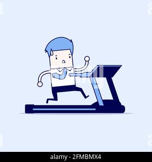 Businessman running on treadmill. Cartoon character thin line style vector. Stock Vector