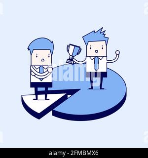 Businessmen on difference pieces of pie chart. market share concept. Cartoon character thin line style vector. Stock Vector