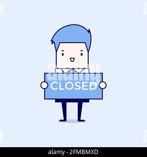 Businessman hold a sign closed in his hands. Cartoon character thin line style vector. Stock Vector