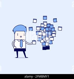 Businessman with a lot of stickers with ideas on the wall. Cartoon character thin line style vector. Stock Vector