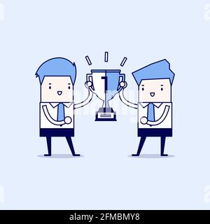 Two businessmen holding gold winner cup together. Cartoon character thin line style vector. Stock Vector