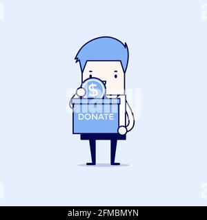 Businessman putting coin in the donation box. Cartoon character thin line style vector. Stock Vector