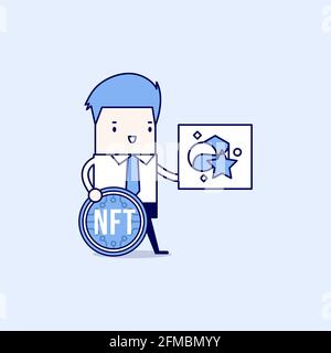 Technology of selling NFT tokens for cryptocurrency. Businessman sells artworks online. Cartoon character thin line style vector. Stock Vector