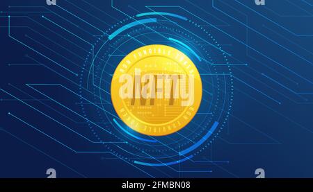 Gold coin NFT non fungible token on dark blue background. Pay for unique collectibles in games or art. Simple futuristic modern geometric connection l Stock Vector