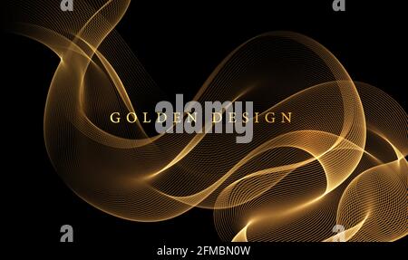 Abstract Gold Waves. Shiny golden moving lines design element on dark background for greeting card and disqount voucher. Stock Vector