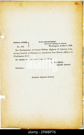 CSA - USA - Civil War - Guerre de Secession general order n°153 du 7 octobre 1862 Stock Photo