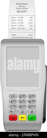 Payment terminal and receipt on a white background. Stock Vector