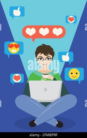 Cartoon man work on a laptop, distant learning, work, or chatting online in social media, concept illustration. Stock Vector
