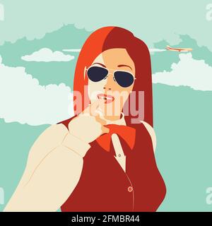 Vintage illustration with woman and airplane in the sky, traveling themed design. Stock Vector