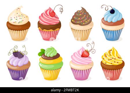 Vector illustration cupcakes for tea party invitation and birthday card,  sweet menu of the restaurant, cafeteria, bakery cafe or shop. eps10. Stock Photo