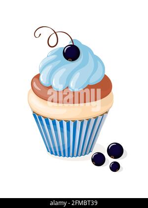 Realistic isolated colorful cupcake with black currant on the white background. Vector illustration for tea party invitation or birthday card, sweet m Stock Photo