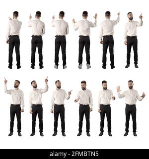 Set of back and front view of business man doing various touch screen interaction gestures. Full body isolated on white background. Stock Photo