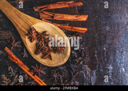 Cinnamon spices and star anise used in cooking Stock Photo