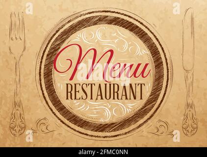 Menu restaurant lettering on a plate with a fork and a spoon on the side in retro style drawing on kraft. Stock Vector