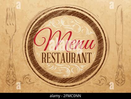 Menu restaurant lettering on a plate with a fork and a spoon on the side in retro style drawing on kraft. Stock Vector