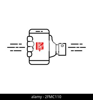 Hand holding smartphone with notification sign. Multitasking concept. Device screen with a message. Information overload. Important reminder on phone Stock Vector