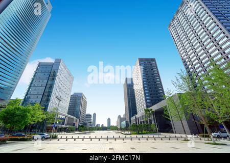 Street landscape, squares and tall buildings, Ningbo, China. Stock Photo