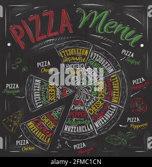 Pizza menu the names of dishes of Pizza, Hawaiian, cheese, chicken, pepperoni and other ingredients tomato, basil, olive, cheese to design a menu styl Stock Vector