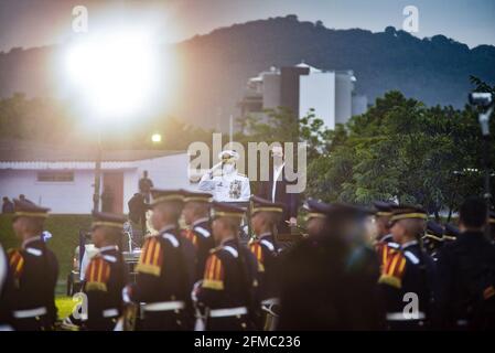 San Salvador, El Salvador. 07th May, 2021. President Nayib Bukele (R) inspects troops while riding on an army ceremonial car at a ceremony to commemorate the 197 anniversary of El Salvador's Armed Force. The Salvadoran army is 197 years old and every May 7th it commemorates the 'Day of the Salvadoran soldier.' President Nayib Bukele incorporated 135 cadets to the army during the 197th anniversary celebrations. (Photo by Camilo Freedman/SOPA Images/Sipa USA) Credit: Sipa USA/Alamy Live News Stock Photo