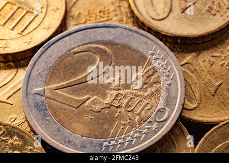 Series of macro shots of euro coins. Obverse of 2 Euros. Stock Photo