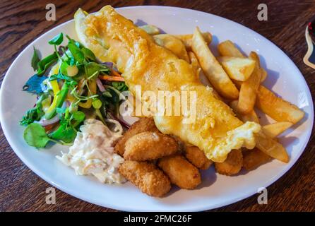 Plate of fish and chips in Scotland. Stock Photo