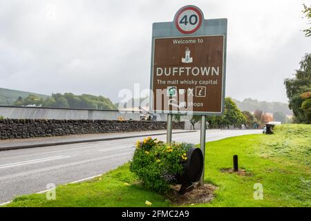 ‘Welcome to Dufftown. The malt whisky capital’ road sign in Dufftown, Scotland. Stock Photo