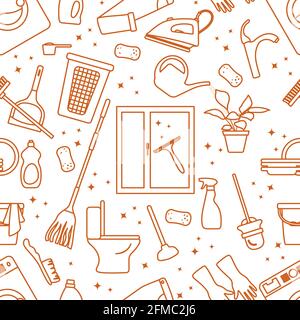 Vector Seamless pattern Illustration Cleaning Maid service Housekeeping Ironing Washing window Laundry Watering plant Mop Clean lavatory Professional Stock Vector