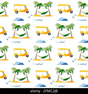 Seamless pattern. Travel vector illustration. Vacation at sea. Summer rest. Holiday. Adventure. Cruise. Tuk-tuk, palm tree, hammock. Design for print Stock Vector
