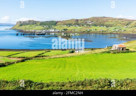 View over Uig village and bay in the Isle of Skye in Scotland. Stock Photo