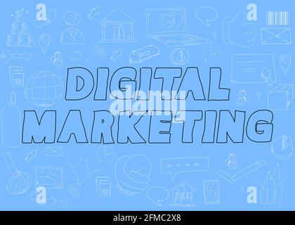 Doodle Digital Marketing words for business and social media,  website, viral, seo, keyword, advertise and internet banner, poster. Drawn thin lines m Stock Vector