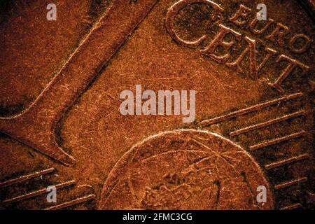 Series of macro shots of euro coins. Obverse of 1 cent coin as vintage background Stock Photo