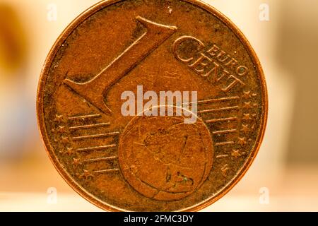 Series of macro shots of euro coins. Obverse of 1 cent. Stock Photo