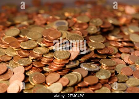 Series of macro shots of euro coins. Heap of different coins as a background with selective focus Stock Photo