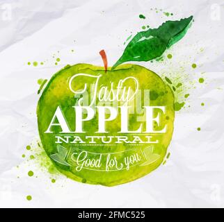 Poster with green watercolor apple lettering tasty apple natural good for you Stock Vector
