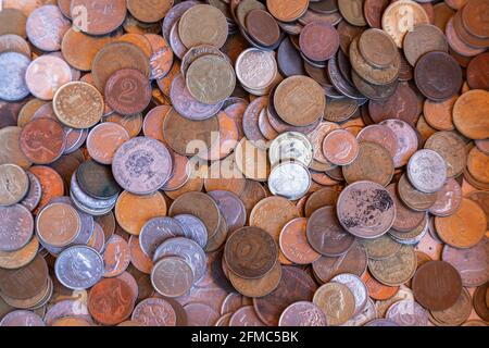 Obsolete coins in the vintage market (Selective focus) Stock Photo