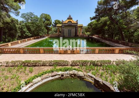 Emerald water pond in the famous Park of the Labyrinth of Horta (Parc del Laberint d'Horta) in Barcelona, Spain Stock Photo