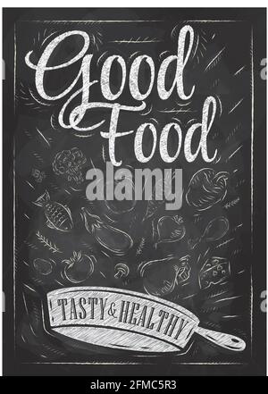 Poster good food with frying pan in which the products fly stylized drawing with chalk on blackboard. Stock Vector