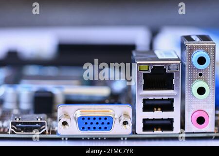 View of the rear connectors of a computer. Internet audio - video. Stock Photo